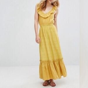 Moon River mustard yellow eyelet ruffle maxi dress tank Anthropologie boho